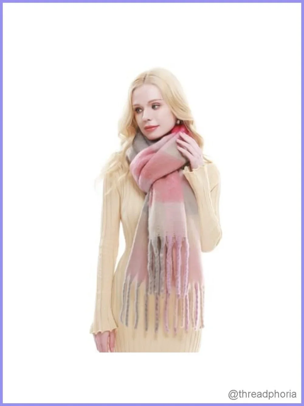 Chunky Plaid Winter Scarf Oversized Blanket Scarf with Fringes Soft Warm